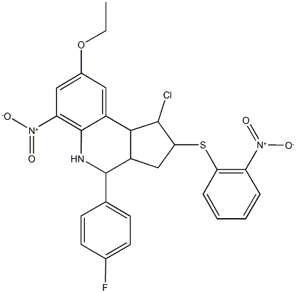 1-chloro-8-ethoxy-4-(4-fluorophenyl)-6-nitro-2-({2-nitrophenyl}sulfanyl)-2,3,3a,4,5,9b-hexahydro-1H-cyclopenta[c]quinoline,485754-91-4,结构式