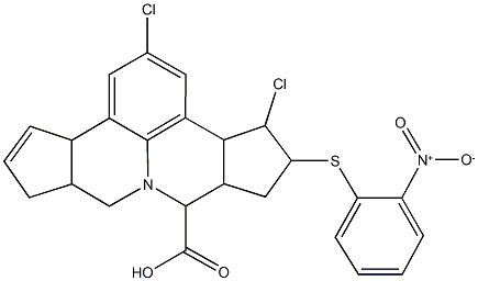 2,4-dichloro-5-({2-nitrophenyl}sulfanyl)-3b,4,5,6,6a,7,9,9a,10,12a-decahydrocyclopenta[c]cyclopenta[4,5]pyrido[3,2,1-ij]quinoline-7-carboxylic acid 化学構造式