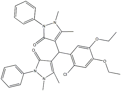 4-[(2-chloro-4,5-diethoxyphenyl)(1,5-dimethyl-3-oxo-2-phenyl-2,3-dihydro-1H-pyrazol-4-yl)methyl]-1,5-dimethyl-2-phenyl-1,2-dihydro-3H-pyrazol-3-one 化学構造式