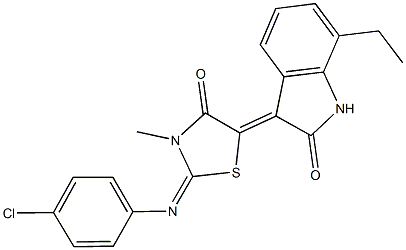 3-{2-[(4-chlorophenyl)imino]-3-methyl-4-oxo-1,3-thiazolidin-5-ylidene}-7-ethyl-1,3-dihydro-2H-indol-2-one 结构式