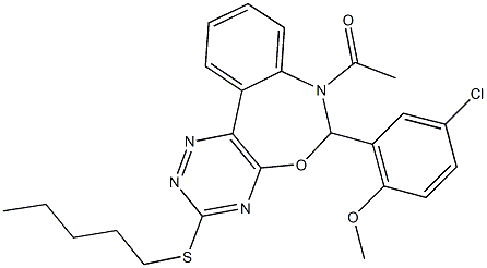 2-[7-acetyl-3-(pentylsulfanyl)-6,7-dihydro[1,2,4]triazino[5,6-d][3,1]benzoxazepin-6-yl]-4-chlorophenyl methyl ether Struktur