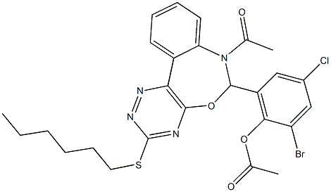 2-[7-acetyl-3-(hexylsulfanyl)-6,7-dihydro[1,2,4]triazino[5,6-d][3,1]benzoxazepin-6-yl]-6-bromo-4-chlorophenyl acetate 化学構造式