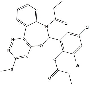 2-bromo-4-chloro-6-[3-(methylsulfanyl)-7-propionyl-6,7-dihydro[1,2,4]triazino[5,6-d][3,1]benzoxazepin-6-yl]phenyl propionate,486443-65-6,结构式