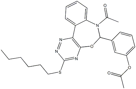 3-[7-acetyl-3-(hexylsulfanyl)-6,7-dihydro[1,2,4]triazino[5,6-d][3,1]benzoxazepin-6-yl]phenyl acetate Struktur