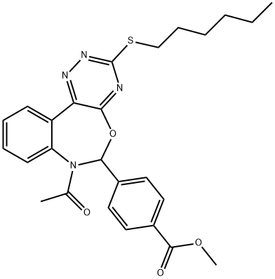 methyl 4-[7-acetyl-3-(hexylsulfanyl)-6,7-dihydro[1,2,4]triazino[5,6-d][3,1]benzoxazepin-6-yl]benzoate Structure