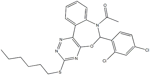 7-acetyl-6-(2,4-dichlorophenyl)-3-(hexylsulfanyl)-6,7-dihydro[1,2,4]triazino[5,6-d][3,1]benzoxazepine 化学構造式