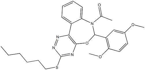 7-acetyl-6-(2,5-dimethoxyphenyl)-3-(hexylsulfanyl)-6,7-dihydro[1,2,4]triazino[5,6-d][3,1]benzoxazepine Struktur