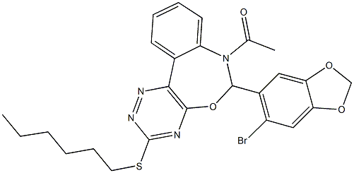 7-acetyl-6-(6-bromo-1,3-benzodioxol-5-yl)-6,7-dihydro[1,2,4]triazino[5,6-d][3,1]benzoxazepin-3-yl hexyl sulfide 化学構造式