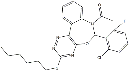 7-acetyl-6-(2-chloro-6-fluorophenyl)-6,7-dihydro[1,2,4]triazino[5,6-d][3,1]benzoxazepin-3-yl hexyl sulfide Struktur