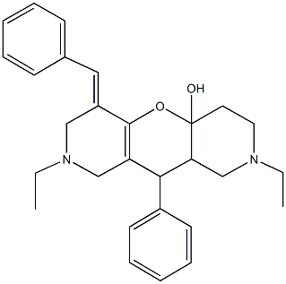 6-benzylidene-2,8-diethyl-10-phenyl-1,2,3,4,6,7,8,9,10,10a-decahydro-4aH-pyrido[3',4':5,6]pyrano[3,2-c]pyridin-4a-ol 化学構造式