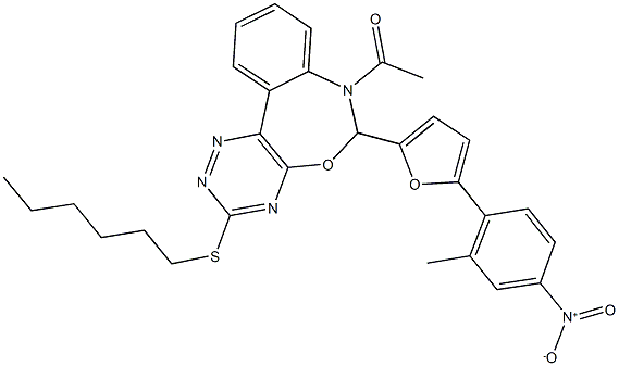 7-acetyl-3-(hexylsulfanyl)-6-(5-{4-nitro-2-methylphenyl}-2-furyl)-6,7-dihydro[1,2,4]triazino[5,6-d][3,1]benzoxazepine Struktur