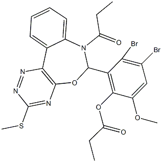 3,4-dibromo-6-methoxy-2-[3-(methylsulfanyl)-7-propionyl-6,7-dihydro[1,2,4]triazino[5,6-d][3,1]benzoxazepin-6-yl]phenyl propionate 结构式