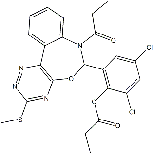 2,4-dichloro-6-[3-(methylsulfanyl)-7-propionyl-6,7-dihydro[1,2,4]triazino[5,6-d][3,1]benzoxazepin-6-yl]phenyl propionate 化学構造式