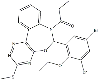 2,4-dibromo-6-[3-(methylsulfanyl)-7-propionyl-6,7-dihydro[1,2,4]triazino[5,6-d][3,1]benzoxazepin-6-yl]phenyl ethyl ether 化学構造式