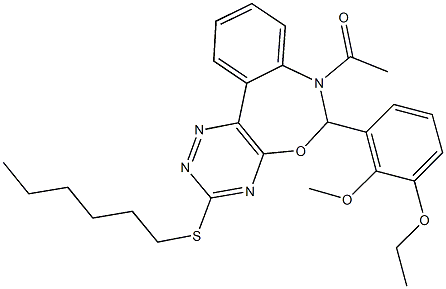 7-acetyl-6-(3-ethoxy-2-methoxyphenyl)-3-(hexylsulfanyl)-6,7-dihydro[1,2,4]triazino[5,6-d][3,1]benzoxazepine 化学構造式