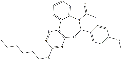 7-acetyl-3-(hexylsulfanyl)-6-[4-(methylsulfanyl)phenyl]-6,7-dihydro[1,2,4]triazino[5,6-d][3,1]benzoxazepine,486992-86-3,结构式