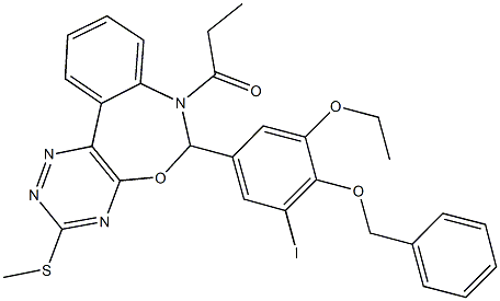 6-[4-(benzyloxy)-3-ethoxy-5-iodophenyl]-3-(methylsulfanyl)-7-propionyl-6,7-dihydro[1,2,4]triazino[5,6-d][3,1]benzoxazepine Struktur