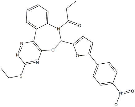 3-(ethylsulfanyl)-6-(5-{4-nitrophenyl}-2-furyl)-7-propionyl-6,7-dihydro[1,2,4]triazino[5,6-d][3,1]benzoxazepine Struktur