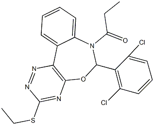 6-(2,6-dichlorophenyl)-3-(ethylsulfanyl)-7-propionyl-6,7-dihydro[1,2,4]triazino[5,6-d][3,1]benzoxazepine Struktur