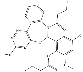 2-[7-butyryl-3-(methylsulfanyl)-6,7-dihydro[1,2,4]triazino[5,6-d][3,1]benzoxazepin-6-yl]-4-chloro-6-methoxyphenyl butyrate Struktur