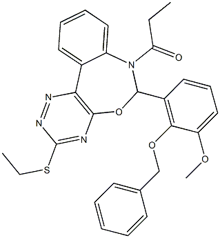 6-[2-(benzyloxy)-3-methoxyphenyl]-3-(ethylsulfanyl)-7-propionyl-6,7-dihydro[1,2,4]triazino[5,6-d][3,1]benzoxazepine Struktur