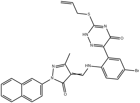 4-({2-[3-(allylsulfanyl)-5-hydroxy-1,2,4-triazin-6-yl]-4-bromoanilino}methylene)-5-methyl-2-(2-naphthyl)-2,4-dihydro-3H-pyrazol-3-one 化学構造式