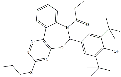 2,6-ditert-butyl-4-[7-propionyl-3-(propylsulfanyl)-6,7-dihydro[1,2,4]triazino[5,6-d][3,1]benzoxazepin-6-yl]phenol Struktur