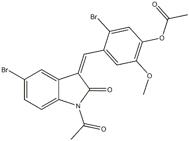 4-[(1-acetyl-5-bromo-2-oxo-1,2-dihydro-3H-indol-3-ylidene)methyl]-5-bromo-2-methoxyphenyl acetate 化学構造式