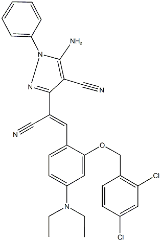 5-amino-3-{1-cyano-2-[2-[(2,4-dichlorobenzyl)oxy]-4-(diethylamino)phenyl]vinyl}-1-phenyl-1H-pyrazole-4-carbonitrile 化学構造式