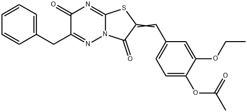 4-[(6-benzyl-3,7-dioxo-7H-[1,3]thiazolo[3,2-b][1,2,4]triazin-2(3H)-ylidene)methyl]-2-ethoxyphenyl acetate Struktur