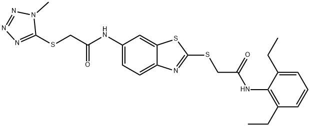 N-(2-{[2-(2,6-diethylanilino)-2-oxoethyl]sulfanyl}-1,3-benzothiazol-6-yl)-2-[(1-methyl-1H-tetraazol-5-yl)sulfanyl]acetamide Structure