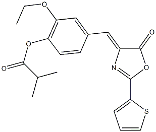 2-ethoxy-4-[(5-oxo-2-(2-thienyl)-1,3-oxazol-4(5H)-ylidene)methyl]phenyl 2-methylpropanoate Struktur