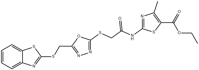 ethyl 2-{[({5-[(1,3-benzothiazol-2-ylsulfanyl)methyl]-1,3,4-oxadiazol-2-yl}sulfanyl)acetyl]amino}-4-methyl-1,3-thiazole-5-carboxylate Struktur