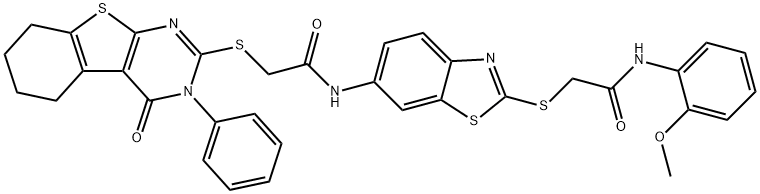 N-(2-{[2-(2-methoxyanilino)-2-oxoethyl]sulfanyl}-1,3-benzothiazol-6-yl)-2-[(4-oxo-3-phenyl-3,4,5,6,7,8-hexahydro[1]benzothieno[2,3-d]pyrimidin-2-yl)sulfanyl]acetamide,488708-96-9,结构式