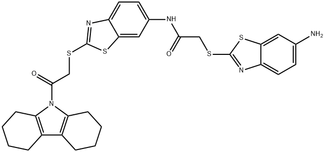 2-[(6-amino-1,3-benzothiazol-2-yl)sulfanyl]-N-(2-{[2-(1,2,3,4,5,6,7,8-octahydro-9H-carbazol-9-yl)-2-oxoethyl]sulfanyl}-1,3-benzothiazol-6-yl)acetamide Structure