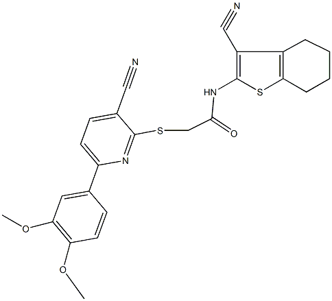 2-{[3-cyano-6-(3,4-dimethoxyphenyl)pyridin-2-yl]sulfanyl}-N-(3-cyano-4,5,6,7-tetrahydro-1-benzothien-2-yl)acetamide 结构式