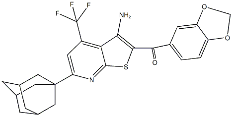 [6-(1-adamantyl)-3-amino-4-(trifluoromethyl)thieno[2,3-b]pyridin-2-yl](1,3-benzodioxol-5-yl)methanone 化学構造式