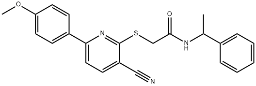 2-{[3-cyano-6-(4-methoxyphenyl)pyridin-2-yl]sulfanyl}-N-(1-phenylethyl)acetamide Struktur