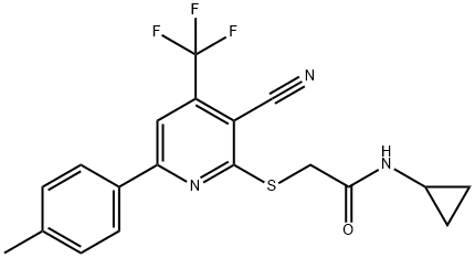 2-{[3-cyano-6-(4-methylphenyl)-4-(trifluoromethyl)pyridin-2-yl]sulfanyl}-N-cyclopropylacetamide Struktur