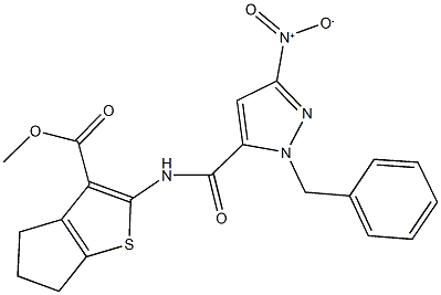 methyl 2-[({1-benzyl-3-nitro-1H-pyrazol-5-yl}carbonyl)amino]-5,6-dihydro-4H-cyclopenta[b]thiophene-3-carboxylate,488822-69-1,结构式