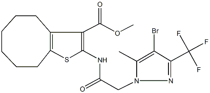 methyl 2-({[4-bromo-5-methyl-3-(trifluoromethyl)-1H-pyrazol-1-yl]acetyl}amino)-4,5,6,7,8,9-hexahydrocycloocta[b]thiophene-3-carboxylate Struktur