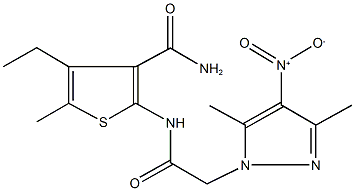 4-ethyl-2-[({4-nitro-3,5-dimethyl-1H-pyrazol-1-yl}acetyl)amino]-5-methyl-3-thiophenecarboxamide,489407-83-2,结构式