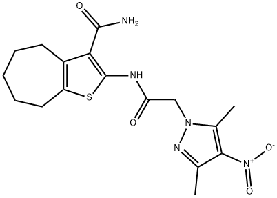 2-[({4-nitro-3,5-dimethyl-1H-pyrazol-1-yl}acetyl)amino]-5,6,7,8-tetrahydro-4H-cyclohepta[b]thiophene-3-carboxamide Structure