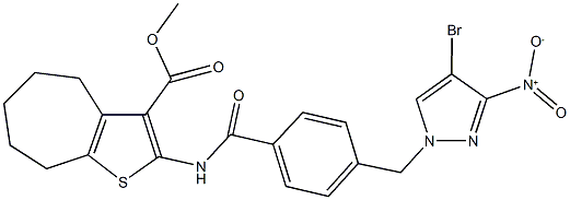 methyl 2-{[4-({4-bromo-3-nitro-1H-pyrazol-1-yl}methyl)benzoyl]amino}-5,6,7,8-tetrahydro-4H-cyclohepta[b]thiophene-3-carboxylate 化学構造式