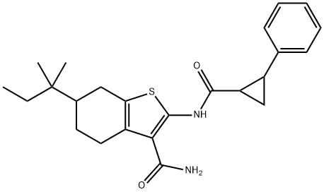 6-tert-pentyl-2-{[(2-phenylcyclopropyl)carbonyl]amino}-4,5,6,7-tetrahydro-1-benzothiophene-3-carboxamide,489408-80-2,结构式
