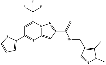 N-[(1,5-dimethyl-1H-pyrazol-4-yl)methyl]-5-(2-thienyl)-7-(trifluoromethyl)pyrazolo[1,5-a]pyrimidine-2-carboxamide 化学構造式