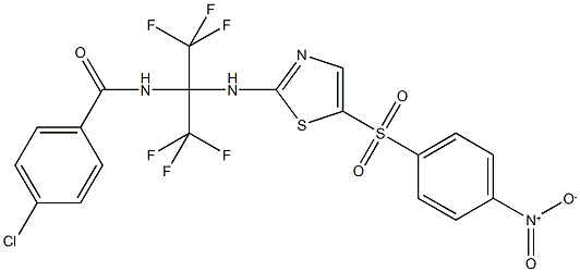 4-chloro-N-[2,2,2-trifluoro-1-{[5-({4-nitrophenyl}sulfonyl)-1,3-thiazol-2-yl]amino}-1-(trifluoromethyl)ethyl]benzamide 化学構造式