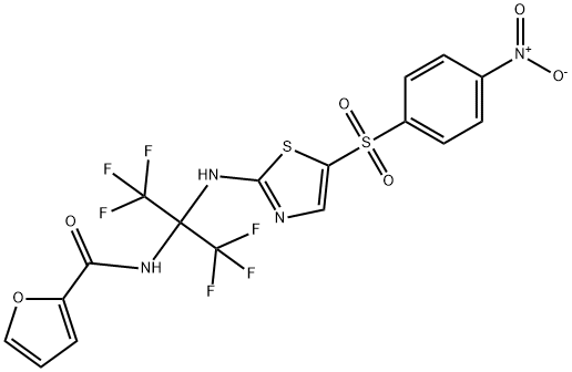 N-[2,2,2-trifluoro-1-{[5-({4-nitrophenyl}sulfonyl)-1,3-thiazol-2-yl]amino}-1-(trifluoromethyl)ethyl]-2-furamide Struktur