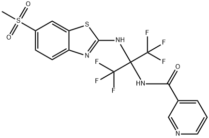 N-[2,2,2-trifluoro-1-{[6-(methylsulfonyl)-1,3-benzothiazol-2-yl]amino}-1-(trifluoromethyl)ethyl]nicotinamide 化学構造式