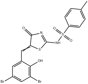 N-[5-(3,5-dibromo-2-hydroxybenzylidene)-4-oxo-1,3-thiazolidin-2-ylidene]-4-methylbenzenesulfonamide 化学構造式